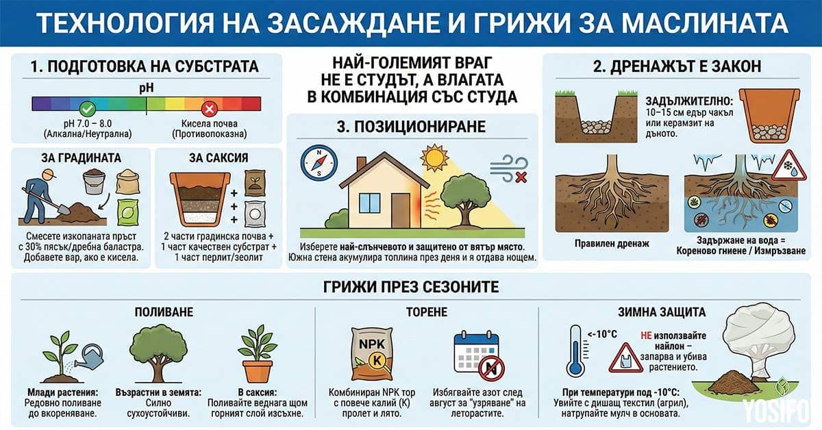 Засаждане на маслина и грижи