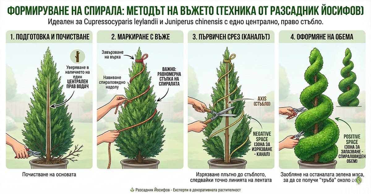 Подрязване на декоративно дръвче в спирална форма